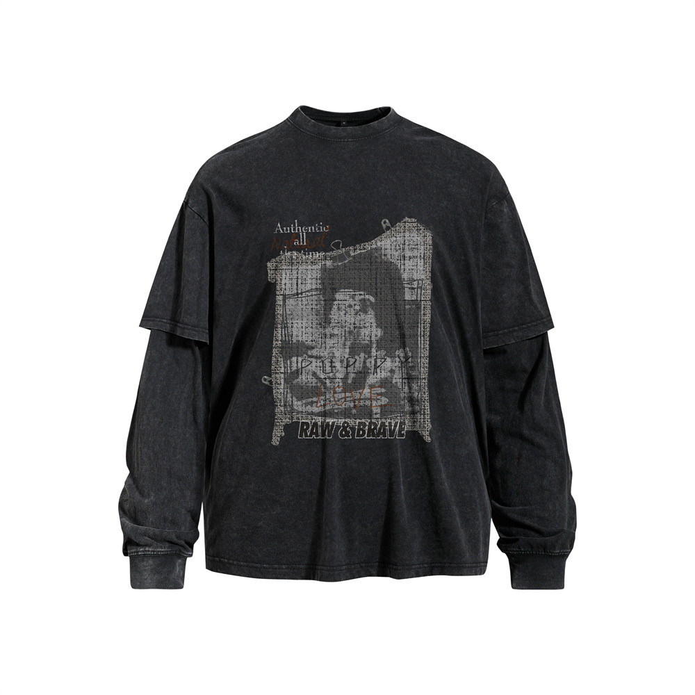 T-shirt homme noir à manches longues et imprimé abstrait