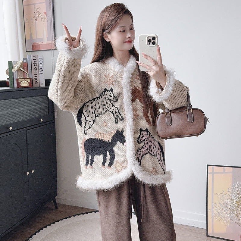 Pull ample à col V et motif fantaisie